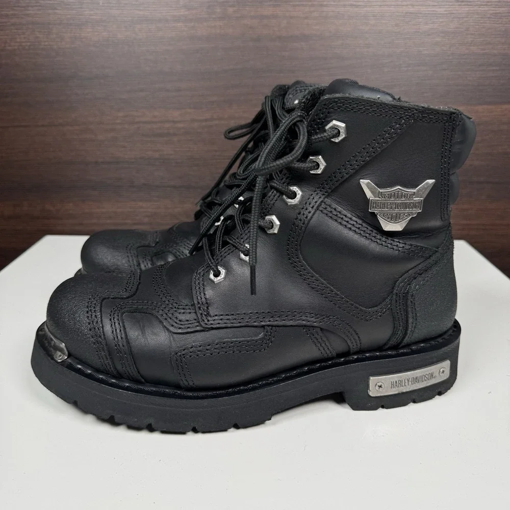 Harley Davidson 9.5 Stealth Motorcycle Boots Lace Black Leather Riding 91642 Men